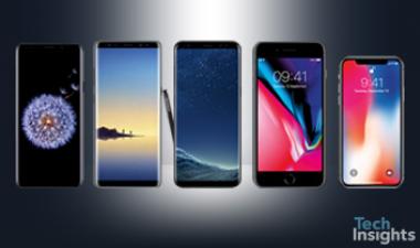 成本比较 - 三星Galaxy S9 +，三星Galaxy Note 8，三星Galaxy 8+，Apple iPhone 8+，Apple iPhone X.
